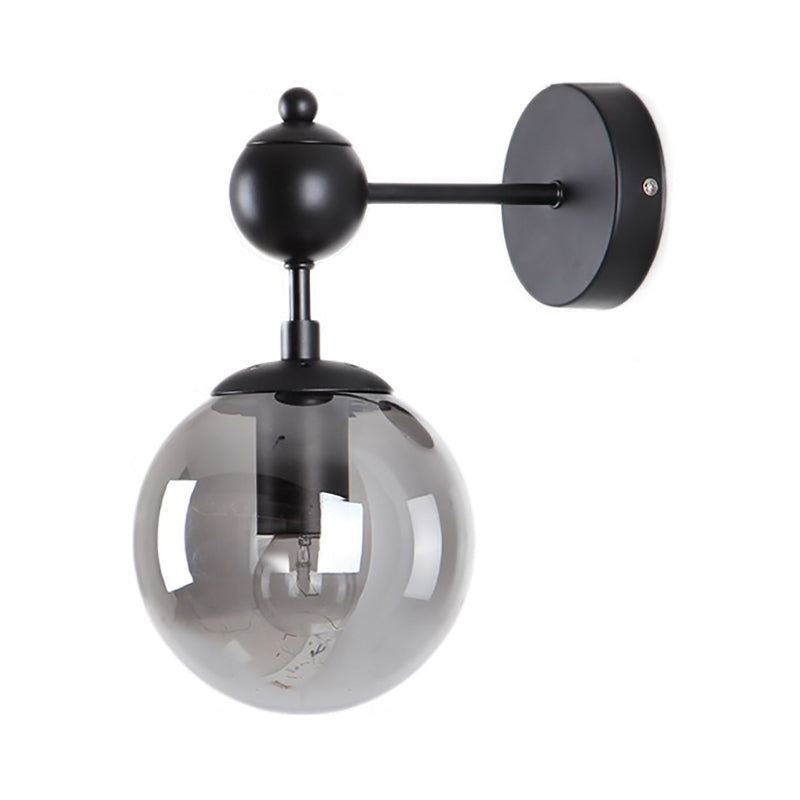 Globe Shade Living Room Wall Light Fixture Industrial Clear/Grey/Amber Glass 1 Light Black Sconce Lamp Clearhalo 'Cast Iron' 'Glass' 'Industrial' 'Modern wall lights' 'Modern' 'Tiffany' 'Traditional wall lights' 'Wall Lamps & Sconces' 'Wall Lights' Lighting' 165973