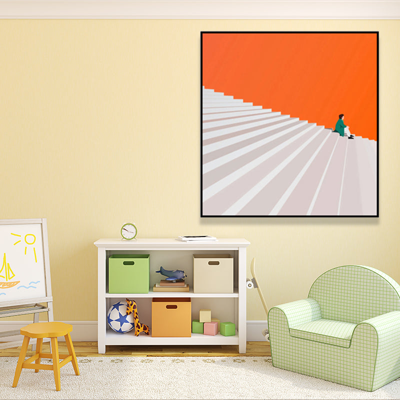 Nordic Man with Stair Painting Still Life Square Wall Art Deco in Orange for Bedroom Orange Clearhalo 'Arts' 'Canvas Art' 1659798