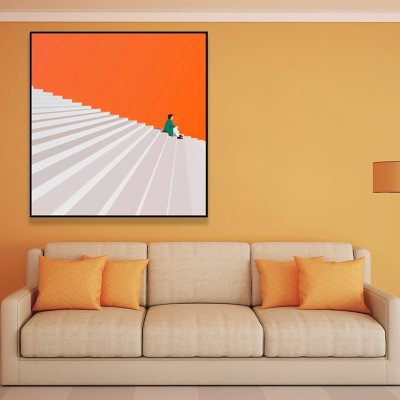 Nordic Man with Stair Painting Still Life Square Wall Art Deco in Orange for Bedroom Clearhalo 'Arts' 'Canvas Art' 1659799