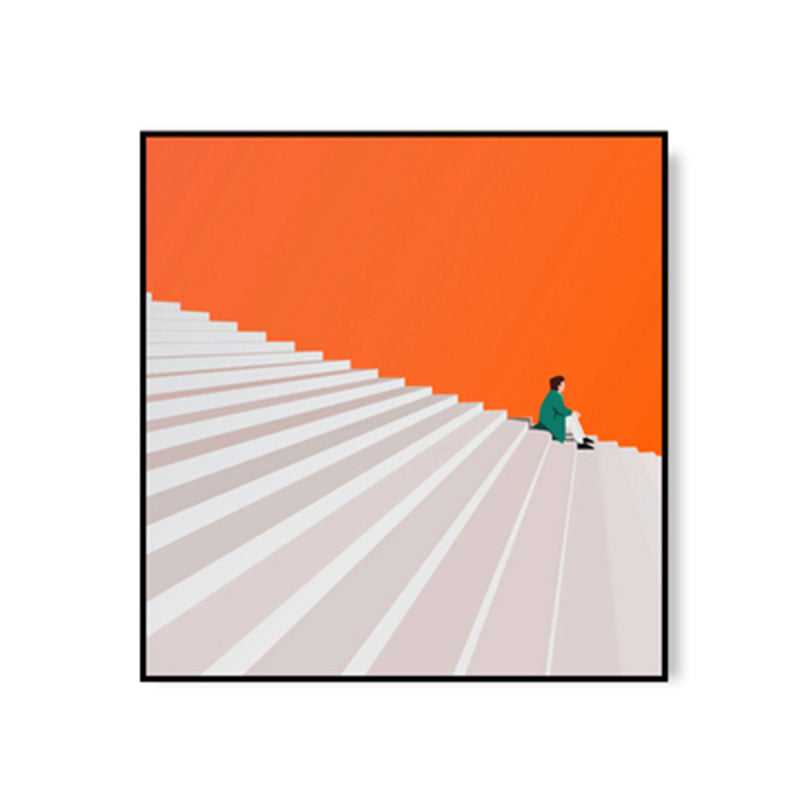 Nordic Man with Stair Painting Still Life Square Wall Art Deco in Orange for Bedroom Clearhalo 'Arts' 'Canvas Art' 1659801