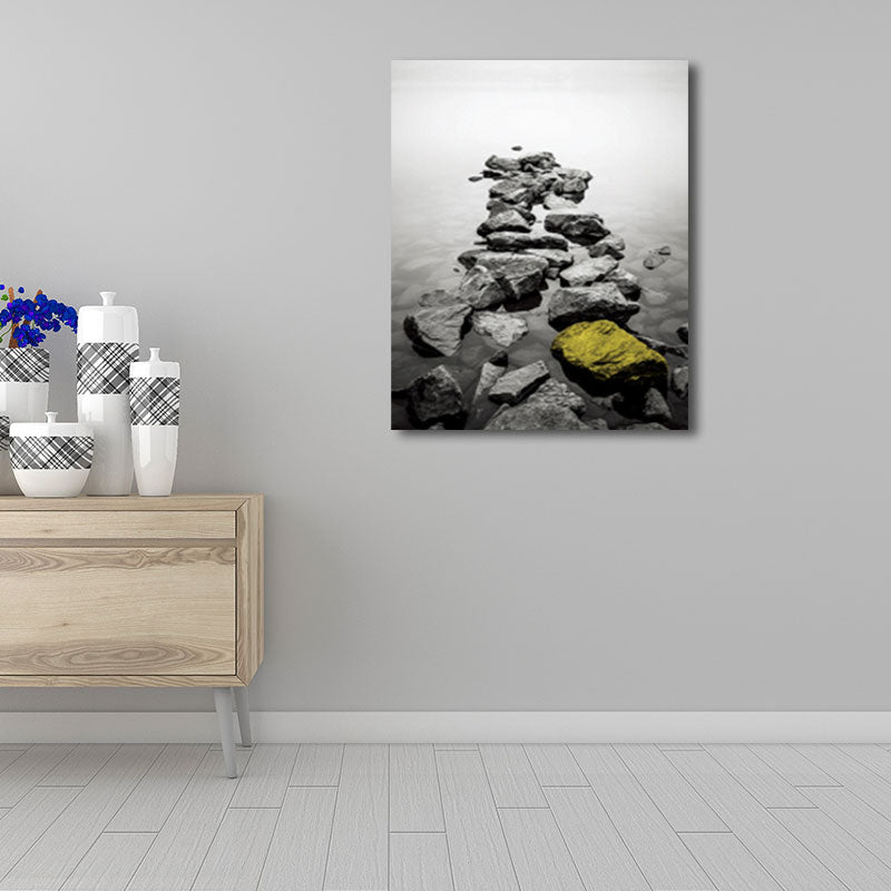 Photo Print River Stones Canvas Wall Art for Living Room, Grey and Yellow, Textured Clearhalo 'Arts' 'Canvas Art' 1659904