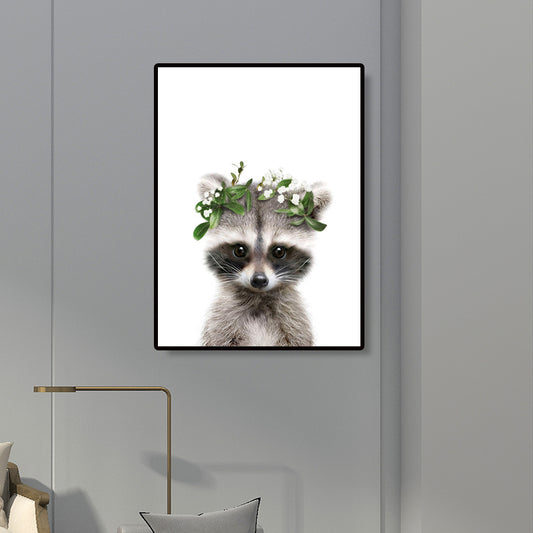 Animal with Wreath Art Print Modernism Textured Bedroom Wall Decor in Grey-White Grey Bear Clearhalo 'Art Gallery' 'Canvas Art' 'Contemporary Art Gallery' 'Modern' Arts' 1659944