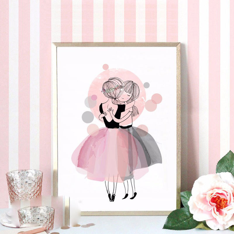 Childrens Art Figure Canvas Print Soft Color Girl Drawing Wall Decor for Bedroom Pink Clearhalo 'Art Gallery' 'Canvas Art' 'Kids' Arts' 1659959