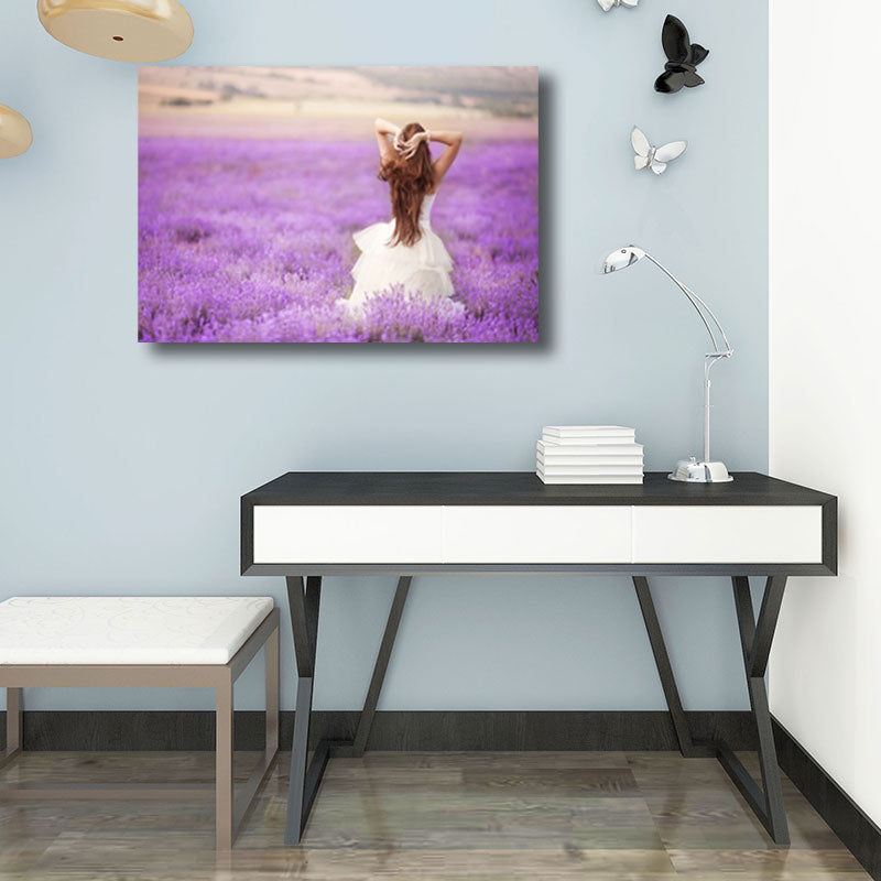 Girl in Flower Sea Wall Decor Purple Canvas Art Print for Decorative, Multiple Sizes Clearhalo 'Art Gallery' 'Canvas Art' 'Contemporary Art Gallery' 'Modern' Arts' 1660039