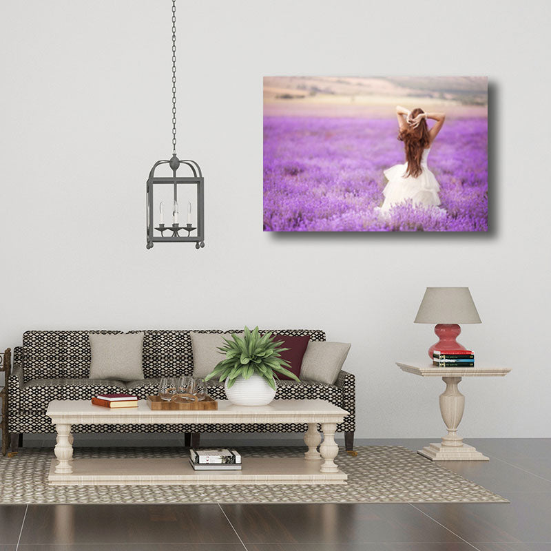 Girl in Flower Sea Wall Decor Purple Canvas Art Print for Decorative, Multiple Sizes Clearhalo 'Art Gallery' 'Canvas Art' 'Contemporary Art Gallery' 'Modern' Arts' 1660040