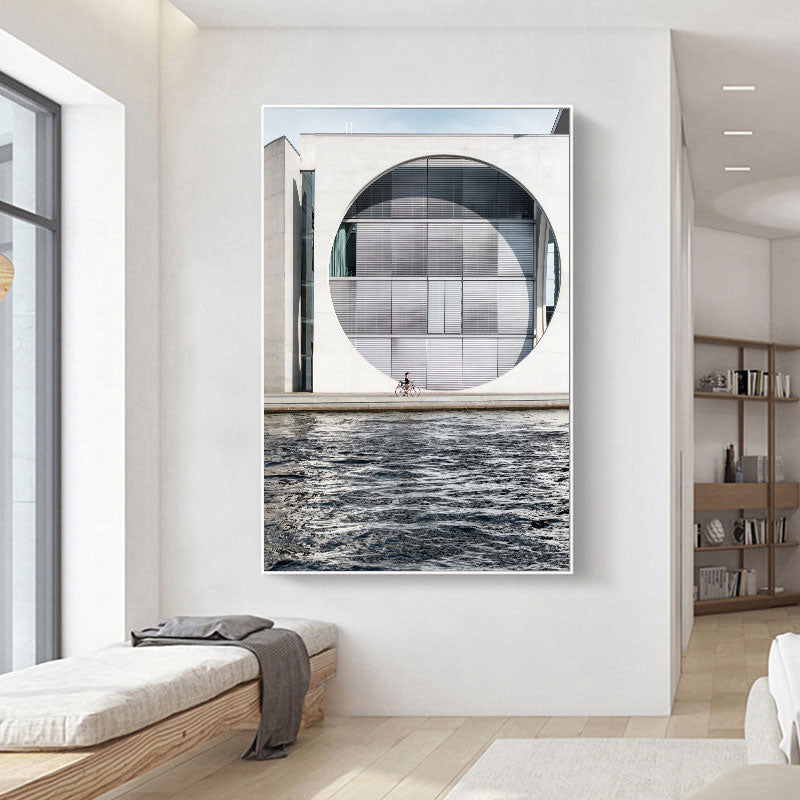 Minimalism Building by River Painting Canvas Decorative Grey Wall Art Print for Parlor Grey Clearhalo 'Art Gallery' 'Canvas Art' 'Contemporary Art Gallery' 'Modern' Arts' 1660129