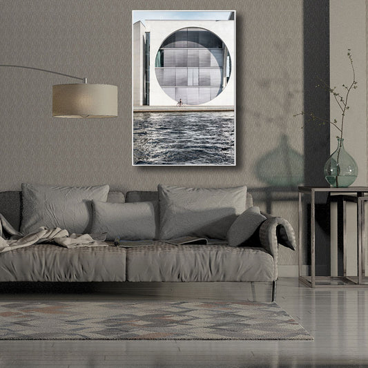 Minimalism Building by River Painting Canvas Decorative Grey Wall Art Print for Parlor Clearhalo 'Art Gallery' 'Canvas Art' 'Contemporary Art Gallery' 'Modern' Arts' 1660131