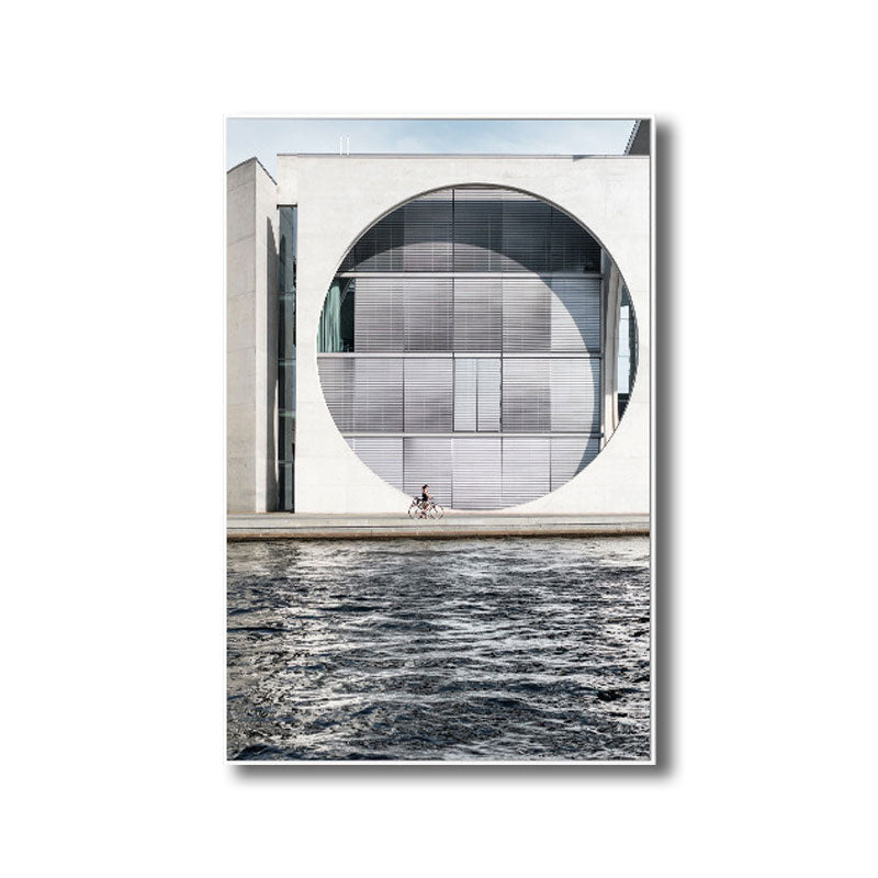 Minimalism Building by River Painting Canvas Decorative Grey Wall Art Print for Parlor Clearhalo 'Art Gallery' 'Canvas Art' 'Contemporary Art Gallery' 'Modern' Arts' 1660132