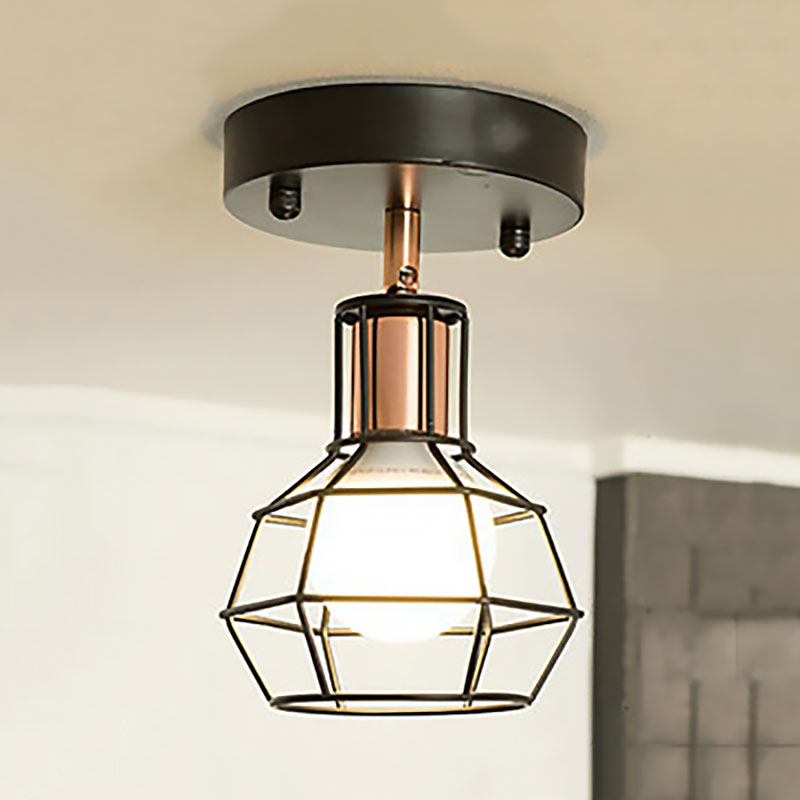 Black/White Dome Ceiling Light with Wire Cage Shade Industrial Metal 1 Bulb Bedroom Semi Flush Light Black Clearhalo 'Ceiling Lights' 'Close To Ceiling Lights' 'Close to ceiling' 'Semi-flushmount' Lighting' 166069