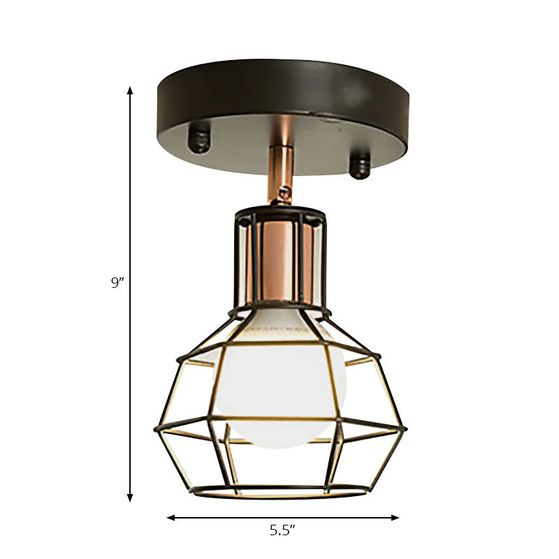 Black/White Dome Ceiling Light with Wire Cage Shade Industrial Metal 1 Bulb Bedroom Semi Flush Light Clearhalo 'Ceiling Lights' 'Close To Ceiling Lights' 'Close to ceiling' 'Semi-flushmount' Lighting' 166072