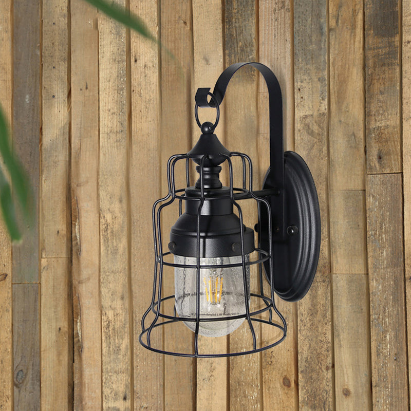 Coastal Style Bell Caged Wall Light 1 Bulb Metal Wall Lamp Fixture with Inner Glass Shade and Gooseneck Arm in Black Black Clearhalo 'Art deco wall lights' 'Cast Iron' 'Glass' 'Industrial wall lights' 'Industrial' 'Middle century wall lights' 'Modern' 'Rustic wall lights' 'Tiffany' 'Traditional wall lights' 'Wall Lamps & Sconces' 'Wall Lights' Lighting' 166075