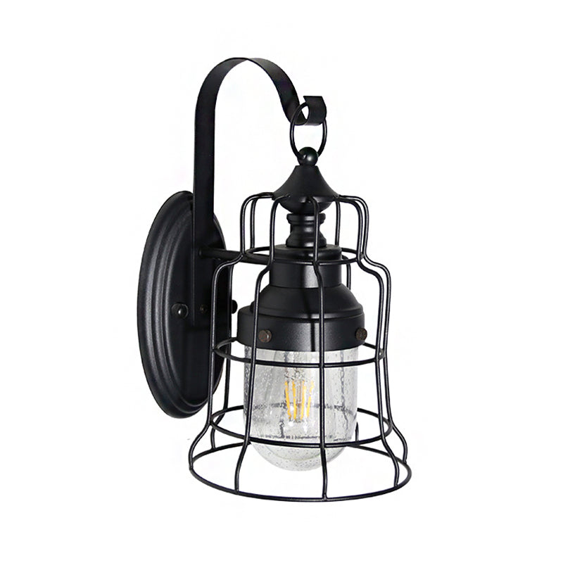 Coastal Style Bell Caged Wall Light 1 Bulb Metal Wall Lamp Fixture with Inner Glass Shade and Gooseneck Arm in Black Clearhalo 'Art deco wall lights' 'Cast Iron' 'Glass' 'Industrial wall lights' 'Industrial' 'Middle century wall lights' 'Modern' 'Rustic wall lights' 'Tiffany' 'Traditional wall lights' 'Wall Lamps & Sconces' 'Wall Lights' Lighting' 166077