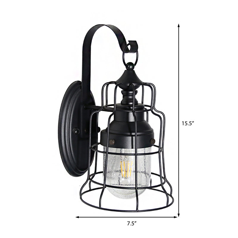 Coastal Style Bell Caged Wall Light 1 Bulb Metal Wall Lamp Fixture with Inner Glass Shade and Gooseneck Arm in Black Clearhalo 'Art deco wall lights' 'Cast Iron' 'Glass' 'Industrial wall lights' 'Industrial' 'Middle century wall lights' 'Modern' 'Rustic wall lights' 'Tiffany' 'Traditional wall lights' 'Wall Lamps & Sconces' 'Wall Lights' Lighting' 166078