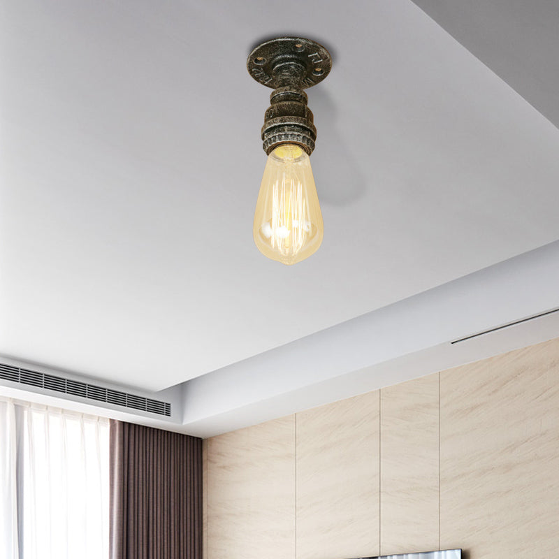 1 Head Iron Semi Flush Lighting Industrial Rustic Bronze/Antique Brass Open Bulb Corridor Ceiling Lamp Aged Silver Clearhalo 'Ceiling Lights' 'Close To Ceiling Lights' 'Close to ceiling' 'Semi-flushmount' Lighting' 166105