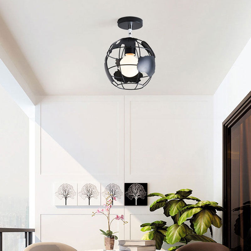 Black Globe/Oval Semi Flush Pendant Light with Cage Shade Industrial Iron 1 Light Corridor Ceiling Lighting Black Tellurion Clearhalo 'Ceiling Lights' 'Close To Ceiling Lights' 'Close to ceiling' 'Semi-flushmount' Lighting' 166126