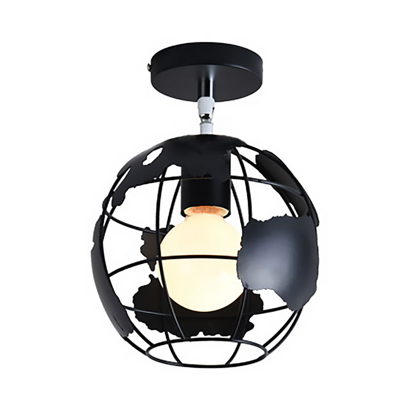 Black Globe/Oval Semi Flush Pendant Light with Cage Shade Industrial Iron 1 Light Corridor Ceiling Lighting Clearhalo 'Ceiling Lights' 'Close To Ceiling Lights' 'Close to ceiling' 'Semi-flushmount' Lighting' 166128