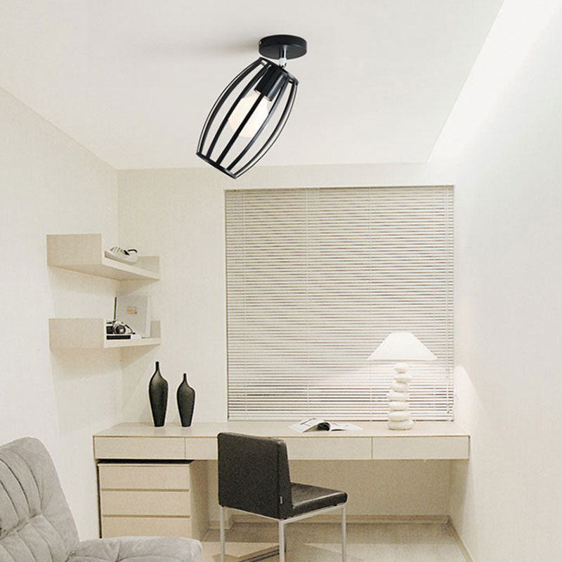 Black Globe/Oval Semi Flush Pendant Light with Cage Shade Industrial Iron 1 Light Corridor Ceiling Lighting Black Oval Clearhalo 'Ceiling Lights' 'Close To Ceiling Lights' 'Close to ceiling' 'Semi-flushmount' Lighting' 166130