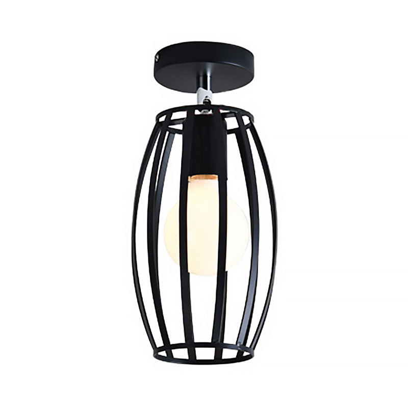 Black Globe/Oval Semi Flush Pendant Light with Cage Shade Industrial Iron 1 Light Corridor Ceiling Lighting Clearhalo 'Ceiling Lights' 'Close To Ceiling Lights' 'Close to ceiling' 'Semi-flushmount' Lighting' 166131