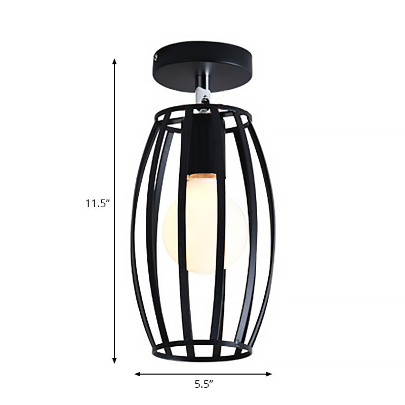 Black Globe/Oval Semi Flush Pendant Light with Cage Shade Industrial Iron 1 Light Corridor Ceiling Lighting Clearhalo 'Ceiling Lights' 'Close To Ceiling Lights' 'Close to ceiling' 'Semi-flushmount' Lighting' 166132