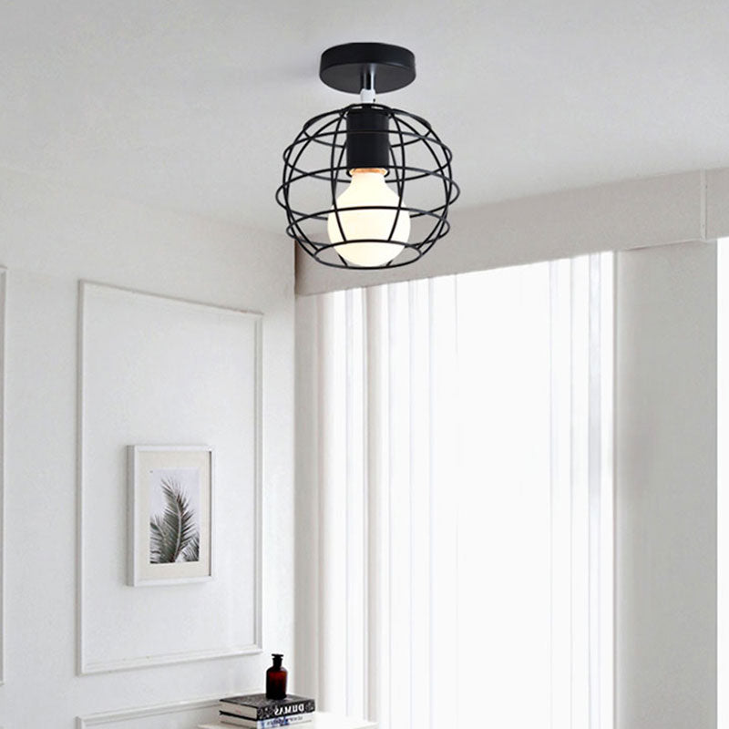 Black Globe/Oval Semi Flush Pendant Light with Cage Shade Industrial Iron 1 Light Corridor Ceiling Lighting Black Globe Clearhalo 'Ceiling Lights' 'Close To Ceiling Lights' 'Close to ceiling' 'Semi-flushmount' Lighting' 166133