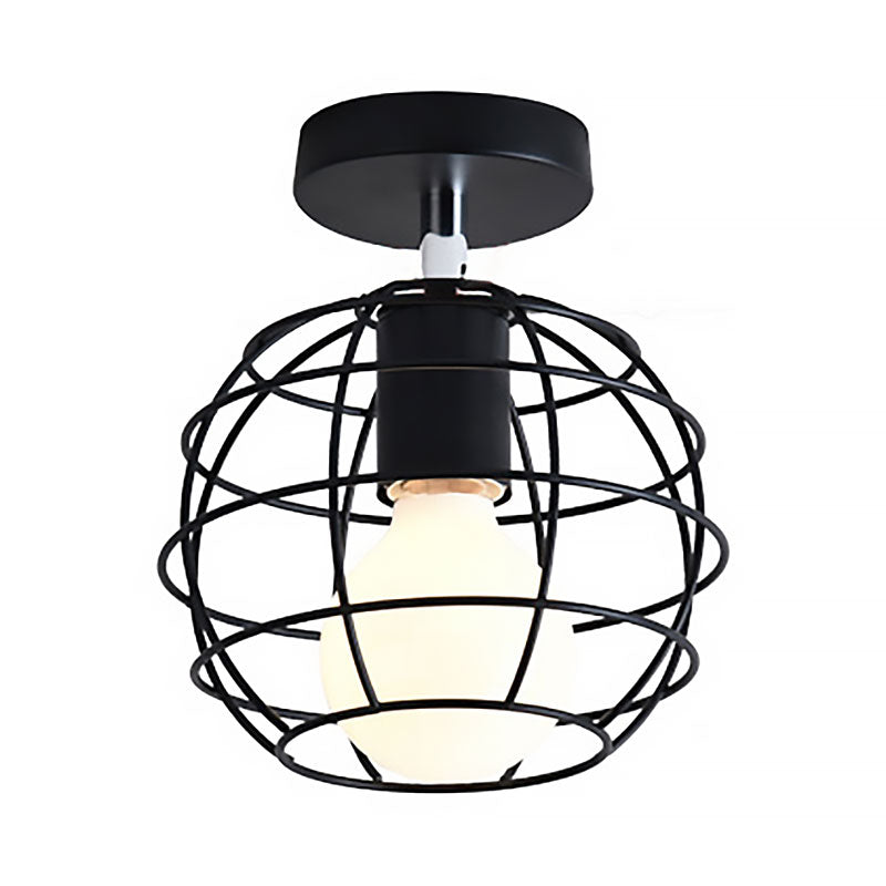 Black Globe/Oval Semi Flush Pendant Light with Cage Shade Industrial Iron 1 Light Corridor Ceiling Lighting Clearhalo 'Ceiling Lights' 'Close To Ceiling Lights' 'Close to ceiling' 'Semi-flushmount' Lighting' 166134