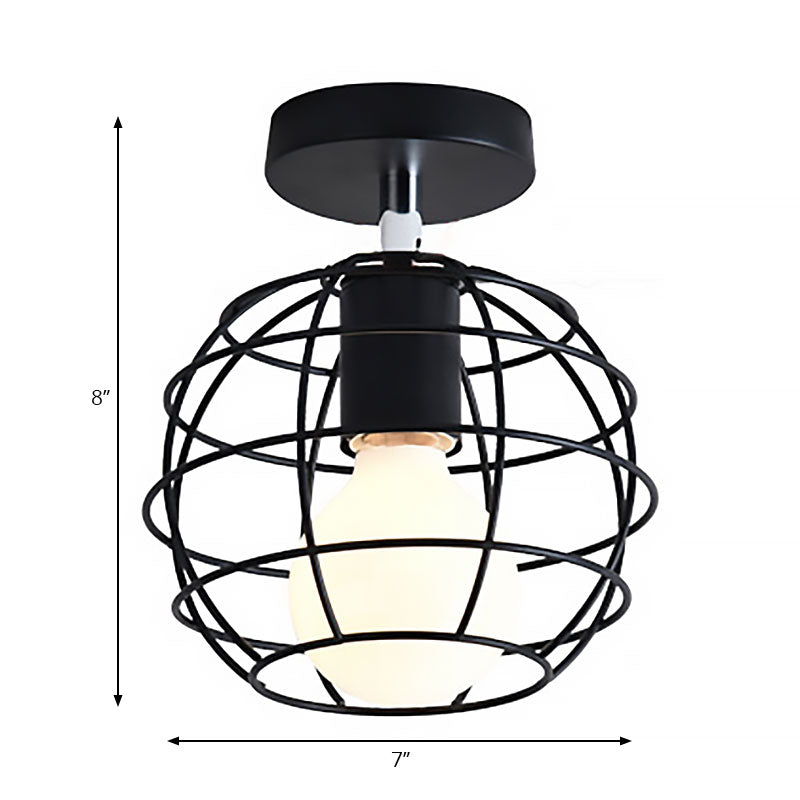 Black Globe/Oval Semi Flush Pendant Light with Cage Shade Industrial Iron 1 Light Corridor Ceiling Lighting Clearhalo 'Ceiling Lights' 'Close To Ceiling Lights' 'Close to ceiling' 'Semi-flushmount' Lighting' 166135