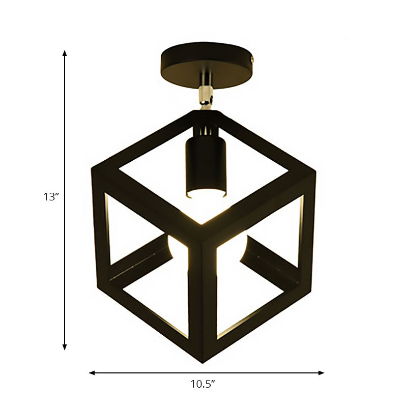 Black Globe/Oval Semi Flush Pendant Light with Cage Shade Industrial Iron 1 Light Corridor Ceiling Lighting Clearhalo 'Ceiling Lights' 'Close To Ceiling Lights' 'Close to ceiling' 'Semi-flushmount' Lighting' 166138