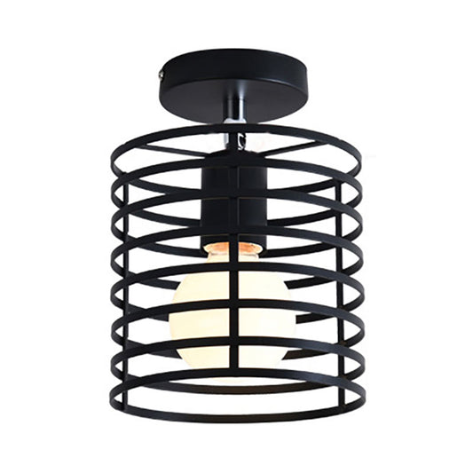 Cylinder/Drum Cage Bedroom Semi-Flush Ceiling Fixture Retro Vintage Metal 1 Head Black Rotatable Semi Flush Light Clearhalo 'Ceiling Lights' 'Close To Ceiling Lights' 'Close to ceiling' 'Semi-flushmount' Lighting' 166141