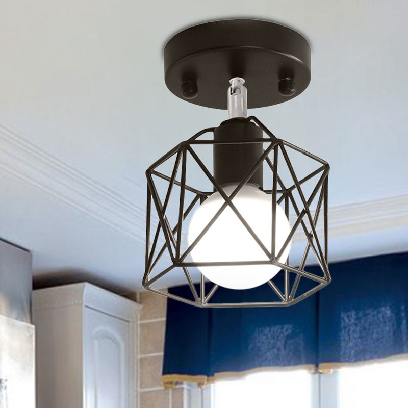 1 Light Hexagon Semi Flush Light with Wire Guard Industrial Loft Black Iron Ceiling Mounted Fixture for Kitchen Clearhalo 'Ceiling Lights' 'Close To Ceiling Lights' 'Close to ceiling' 'Semi-flushmount' Lighting' 166153