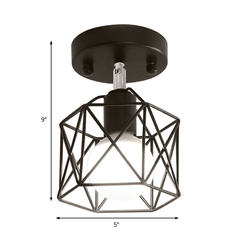 1 Light Hexagon Semi Flush Light with Wire Guard Industrial Loft Black Iron Ceiling Mounted Fixture for Kitchen Clearhalo 'Ceiling Lights' 'Close To Ceiling Lights' 'Close to ceiling' 'Semi-flushmount' Lighting' 166155