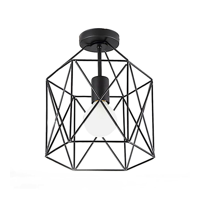 1 Head Geometric Cage Semi Mount Lighting Industrial Black Finish Metallic Semi-Flush Ceiling Fixture for Balcony Clearhalo 'Ceiling Lights' 'Close To Ceiling Lights' 'Close to ceiling' 'Semi-flushmount' Lighting' 166170