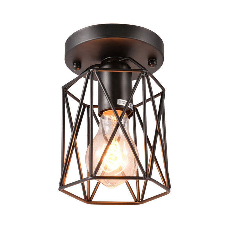 1 Head Wire Cage Semi Flush Light Vintage Style Black Metallic Ceiling Mounted Fixture for Kitchen Clearhalo 'Ceiling Lights' 'Close To Ceiling Lights' 'Close to ceiling' 'Semi-flushmount' Lighting' 166188