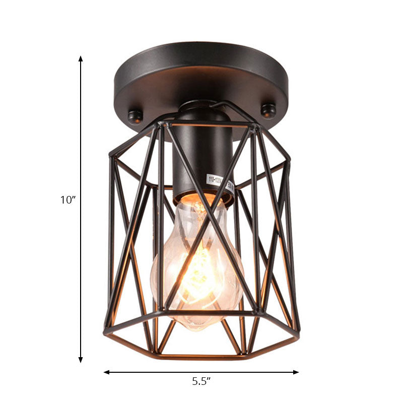 1 Head Wire Cage Semi Flush Light Vintage Style Black Metallic Ceiling Mounted Fixture for Kitchen Clearhalo 'Ceiling Lights' 'Close To Ceiling Lights' 'Close to ceiling' 'Semi-flushmount' Lighting' 166189