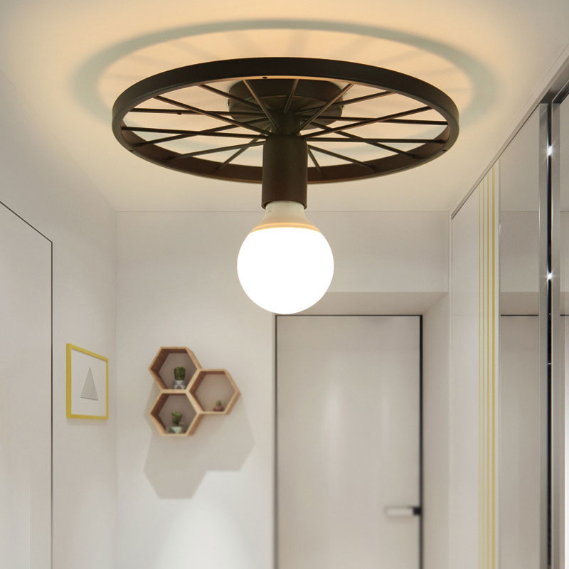 Wheel Shaped Corridor Semi Flush Pendant Light Retro Metal 1 Bulb Black Finish Semi Mount Lighting Clearhalo 'Ceiling Lights' 'Close To Ceiling Lights' 'Close to ceiling' 'Semi-flushmount' Lighting' 166196