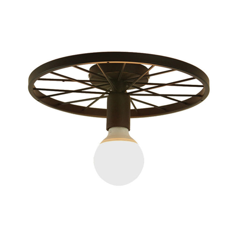 Wheel Shaped Corridor Semi Flush Pendant Light Retro Metal 1 Bulb Black Finish Semi Mount Lighting Clearhalo 'Ceiling Lights' 'Close To Ceiling Lights' 'Close to ceiling' 'Semi-flushmount' Lighting' 166197