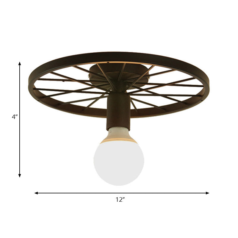 Wheel Shaped Corridor Semi Flush Pendant Light Retro Metal 1 Bulb Black Finish Semi Mount Lighting Clearhalo 'Ceiling Lights' 'Close To Ceiling Lights' 'Close to ceiling' 'Semi-flushmount' Lighting' 166198