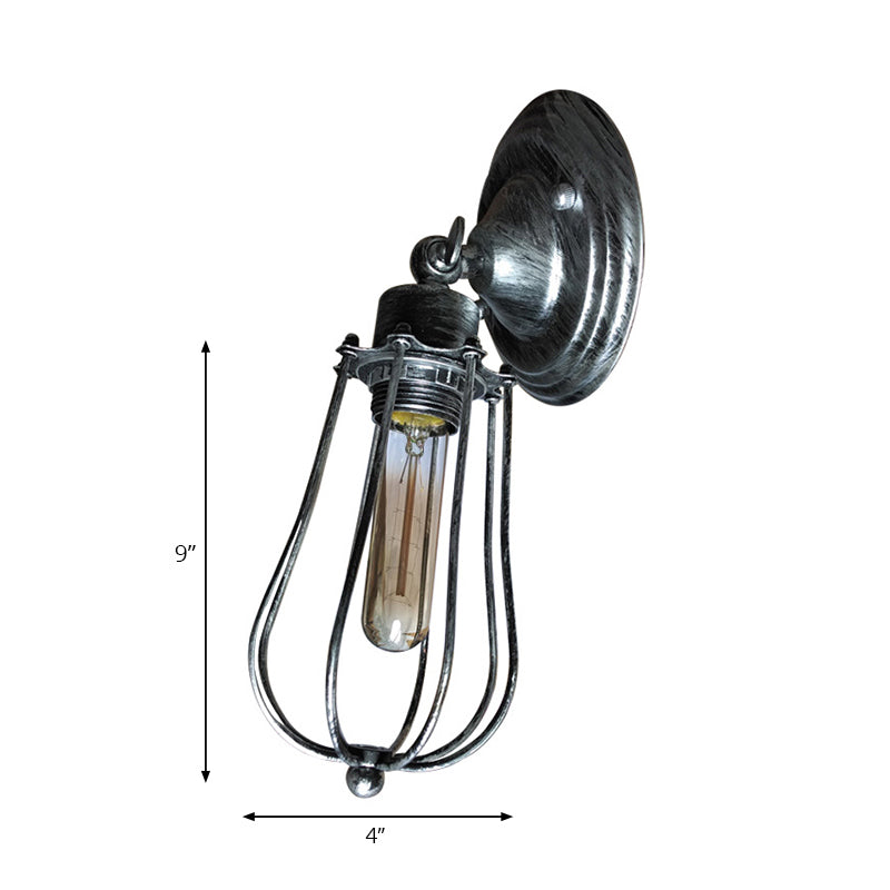 1 Head Wire Guard Wall Light Sconce with Bulb Shade Industrial Aged Brass/Antique Silver Iron Wall Lamp for Restaurant Clearhalo 'Art deco wall lights' 'Cast Iron' 'Glass' 'Industrial wall lights' 'Industrial' 'Middle century wall lights' 'Modern' 'Rustic wall lights' 'Tiffany' 'Traditional wall lights' 'Wall Lamps & Sconces' 'Wall Lights' Lighting' 166247