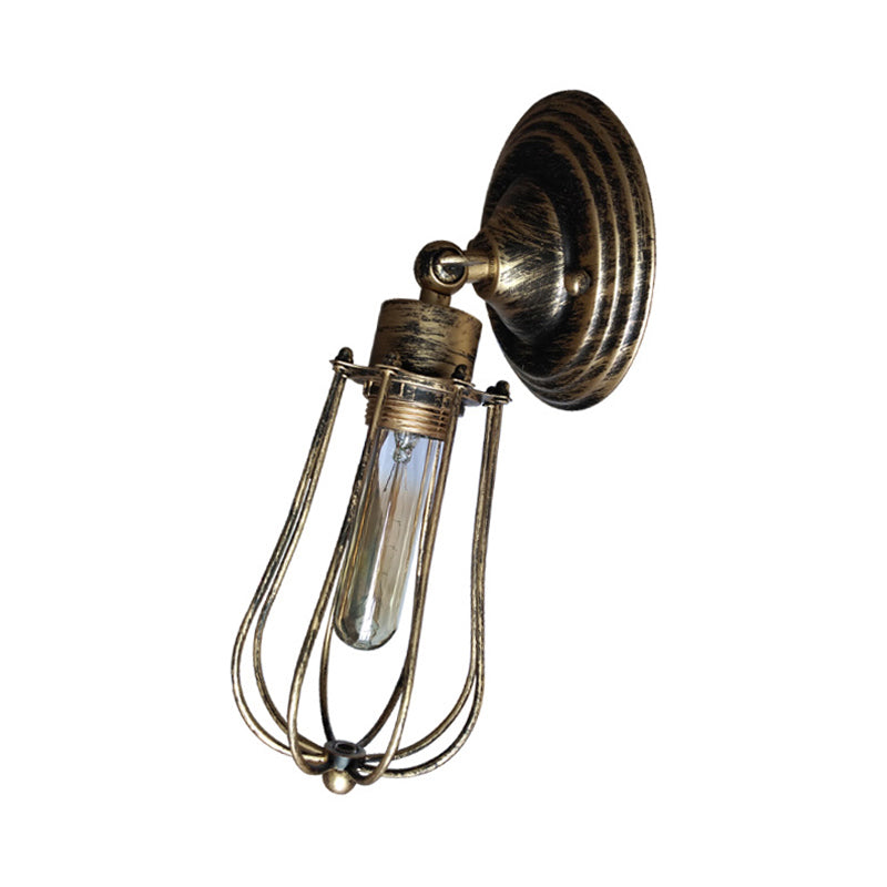 1 Head Wire Guard Wall Light Sconce with Bulb Shade Industrial Aged Brass/Antique Silver Iron Wall Lamp for Restaurant Clearhalo 'Art deco wall lights' 'Cast Iron' 'Glass' 'Industrial wall lights' 'Industrial' 'Middle century wall lights' 'Modern' 'Rustic wall lights' 'Tiffany' 'Traditional wall lights' 'Wall Lamps & Sconces' 'Wall Lights' Lighting' 166249