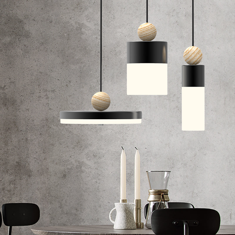 Cylindrical Metal Suspension Light Modernism LED Black Pendulum Light with Round/Linear Canopy Black Round Clearhalo 'Ceiling Lights' 'Modern Pendants' 'Modern' 'Pendant Lights' 'Pendants' Lighting' 166279