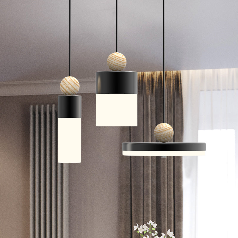 Cylindrical Metal Suspension Light Modernism LED Black Pendulum Light with Round/Linear Canopy Clearhalo 'Ceiling Lights' 'Modern Pendants' 'Modern' 'Pendant Lights' 'Pendants' Lighting' 166280