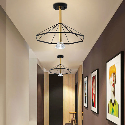 LED Cage Flared Semi Flush Light Loft Style Black Metal Semi Flush Pendant Light with Crystal Shade Black Clearhalo 'Ceiling Lights' 'Close To Ceiling Lights' 'Close to ceiling' 'Semi-flushmount' Lighting' 166313