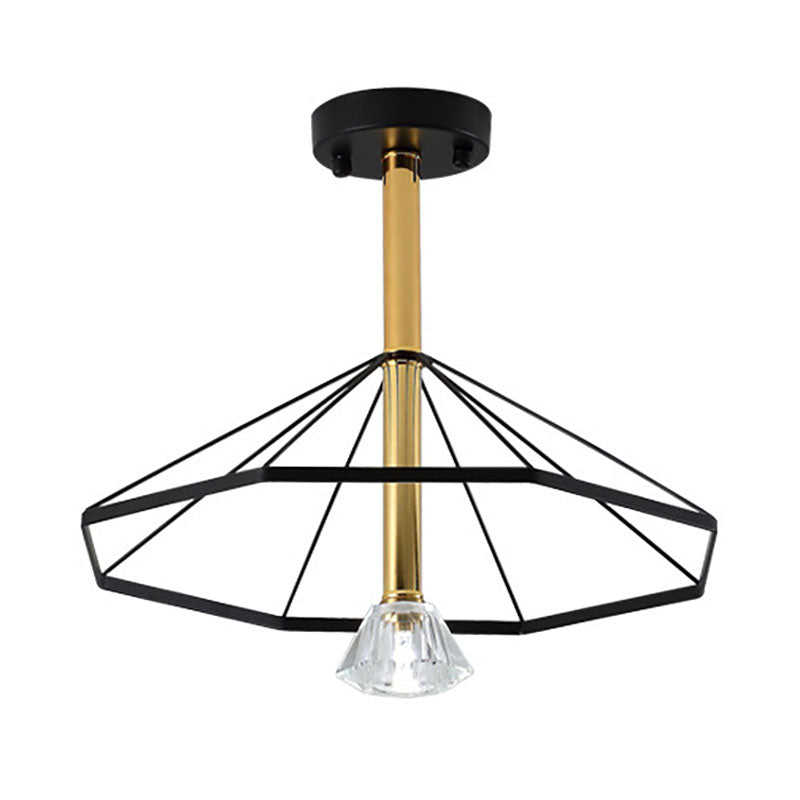 LED Cage Flared Semi Flush Light Loft Style Black Metal Semi Flush Pendant Light with Crystal Shade Clearhalo 'Ceiling Lights' 'Close To Ceiling Lights' 'Close to ceiling' 'Semi-flushmount' Lighting' 166315