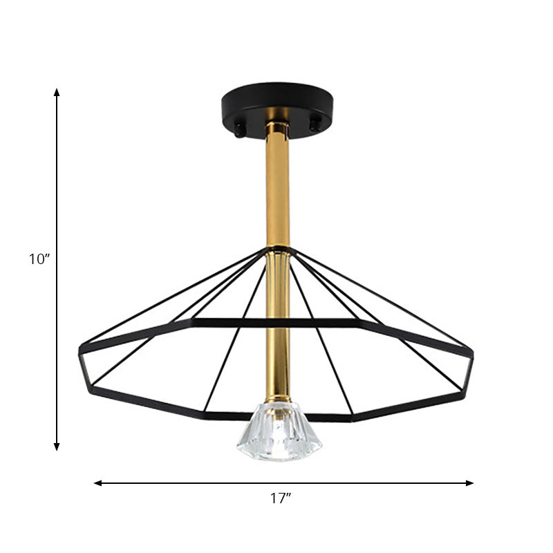 LED Cage Flared Semi Flush Light Loft Style Black Metal Semi Flush Pendant Light with Crystal Shade Clearhalo 'Ceiling Lights' 'Close To Ceiling Lights' 'Close to ceiling' 'Semi-flushmount' Lighting' 166316