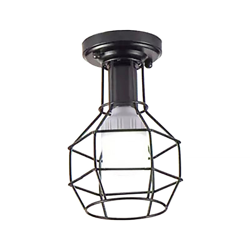 1 Head Mini Caged Ceiling Mounted Light Industrial Black Metal Lighting Fixture for Corridor Clearhalo 'Ceiling Lights' 'Close To Ceiling Lights' 'Close to ceiling' 'Semi-flushmount' Lighting' 166335