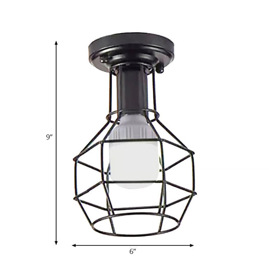 1 Head Mini Caged Ceiling Mounted Light Industrial Black Metal Lighting Fixture for Corridor Clearhalo 'Ceiling Lights' 'Close To Ceiling Lights' 'Close to ceiling' 'Semi-flushmount' Lighting' 166336