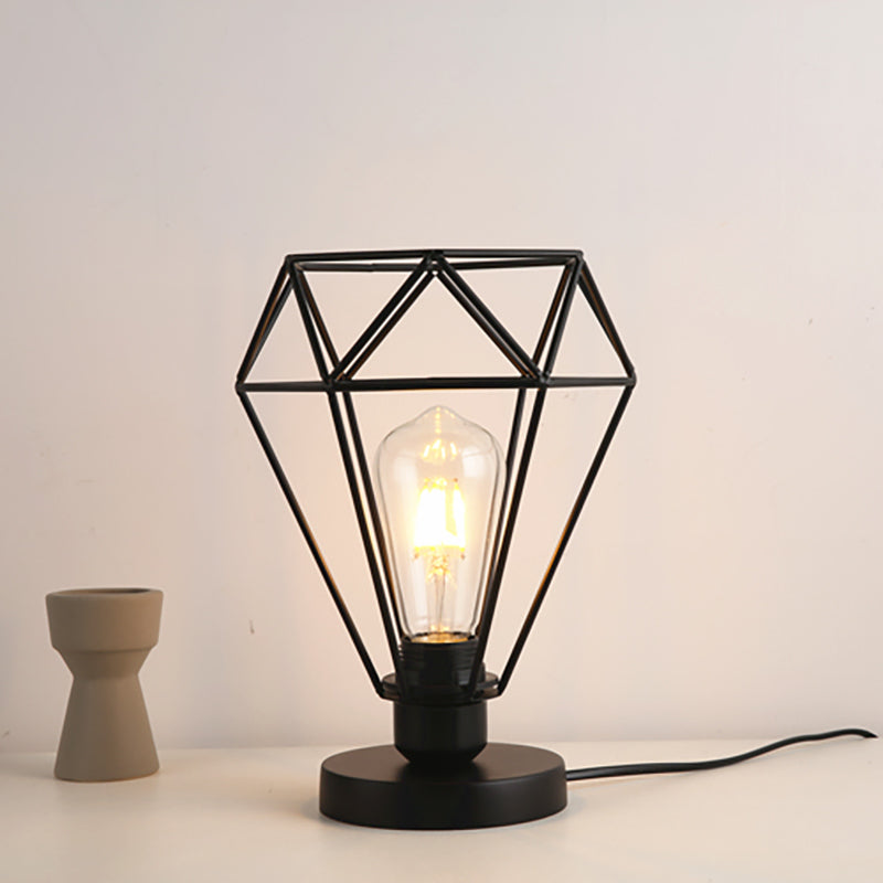 Industrial Style Wire Guard Table Lamp with Diamond Shade 1 Head Metallic Table Lighting in Black Black Clearhalo 'Lamps' 'Table Lamps' Lighting' 166385