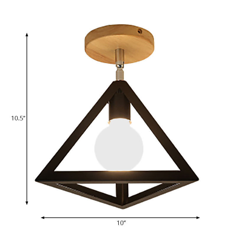 Vintage Style Wire Cage Semi Flush Mount with Triangle Shade 1 Light Metallic Semi Flush Ceiling Fixture in Black/White Clearhalo 'Ceiling Lights' 'Close To Ceiling Lights' 'Close to ceiling' 'Semi-flushmount' Lighting' 166454