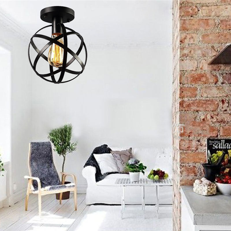 Metal Spherical Semi Flush Light with Cage Shade Loft Industrial 1 Light Living Room Ceiling Lamp in Black Black Clearhalo 'Ceiling Lights' 'Close To Ceiling Lights' 'Close to ceiling' 'Semi-flushmount' Lighting' 166565