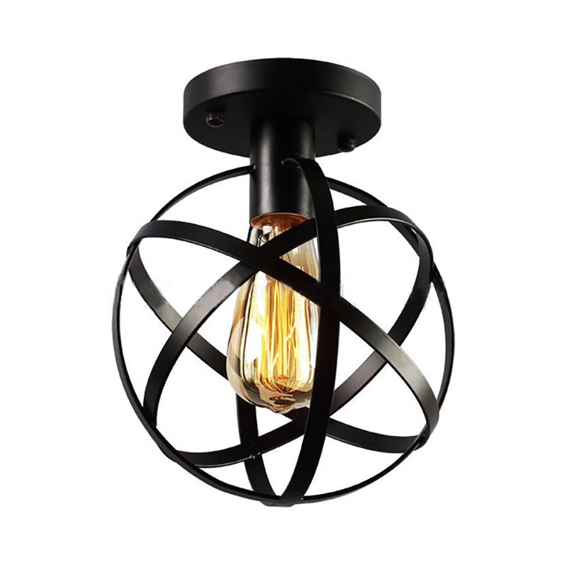 Metal Spherical Semi Flush Light with Cage Shade Loft Industrial 1 Light Living Room Ceiling Lamp in Black Clearhalo 'Ceiling Lights' 'Close To Ceiling Lights' 'Close to ceiling' 'Semi-flushmount' Lighting' 166567