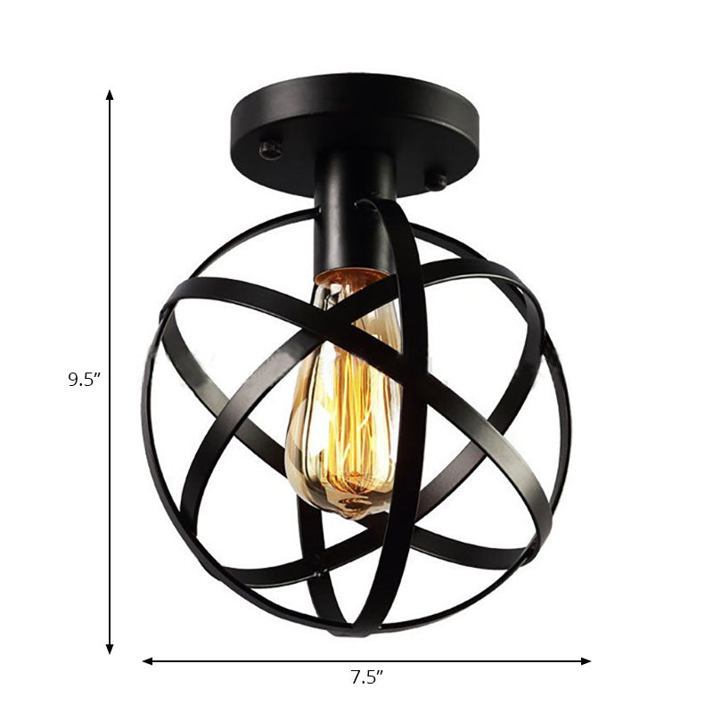 Metal Spherical Semi Flush Light with Cage Shade Loft Industrial 1 Light Living Room Ceiling Lamp in Black Clearhalo 'Ceiling Lights' 'Close To Ceiling Lights' 'Close to ceiling' 'Semi-flushmount' Lighting' 166568